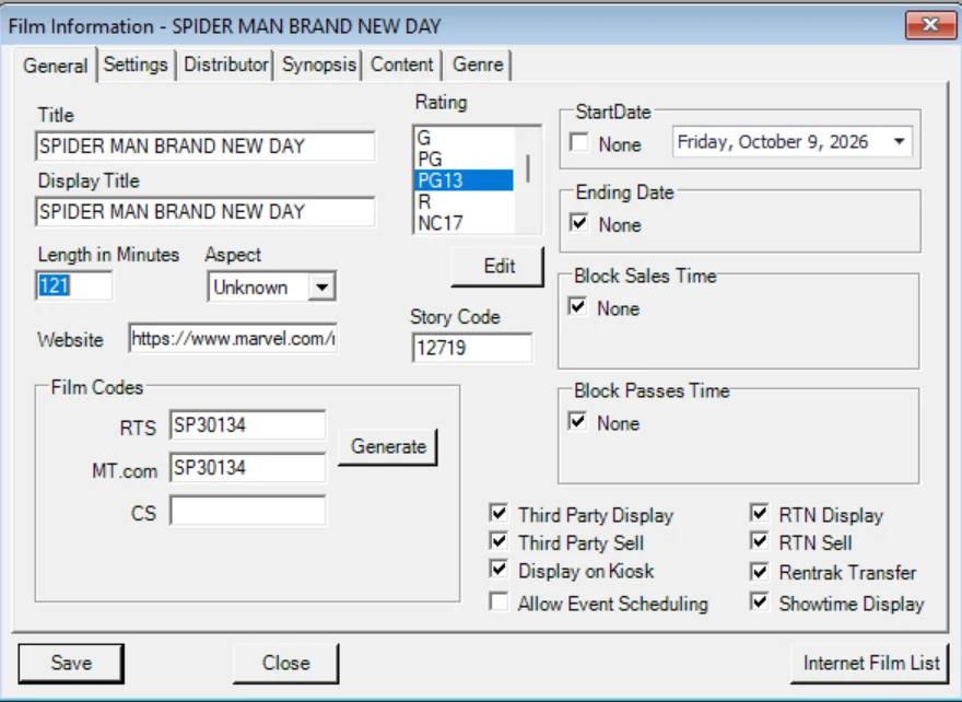 RTS Film Information window, General tab, filled in from the Internet Film List