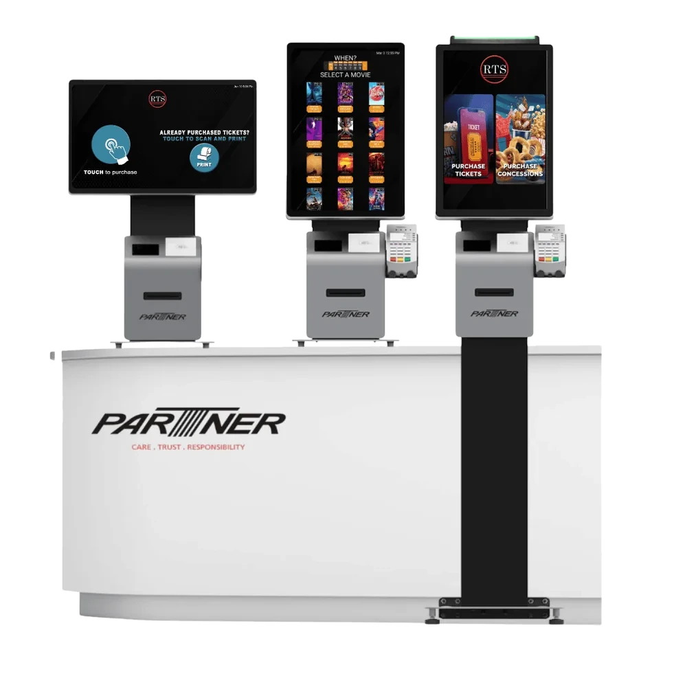 RTS self-service kiosks (Partner Tech Alfred AD-215) — countertop, freestanding, and wall-mounted