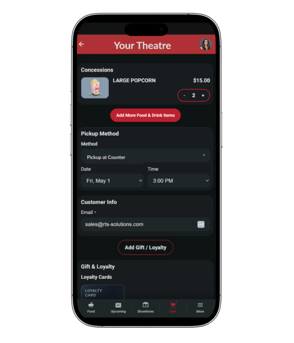 RTS App checkout screen on a phone