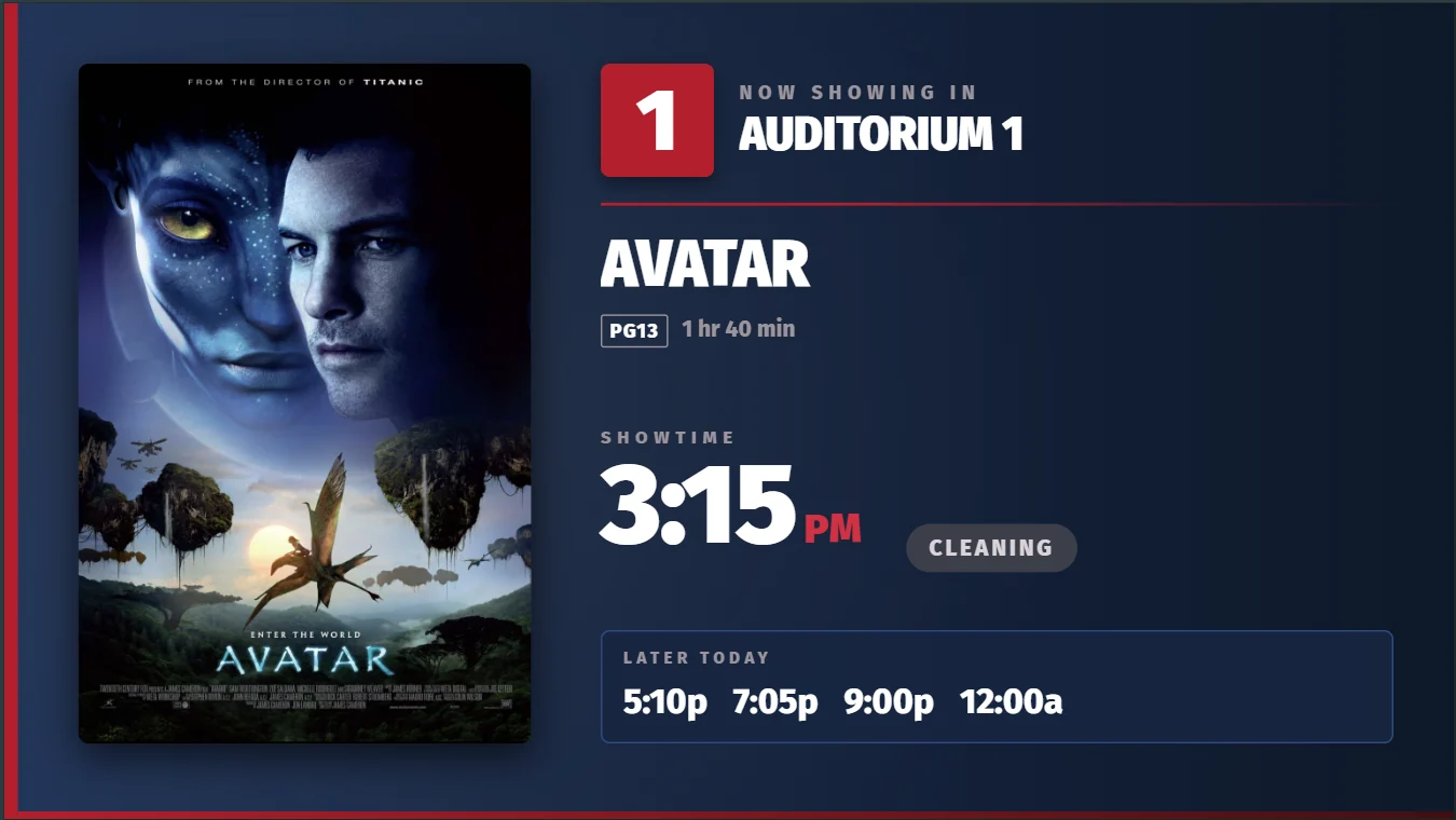 Auditorium sign with film, rating and showtime