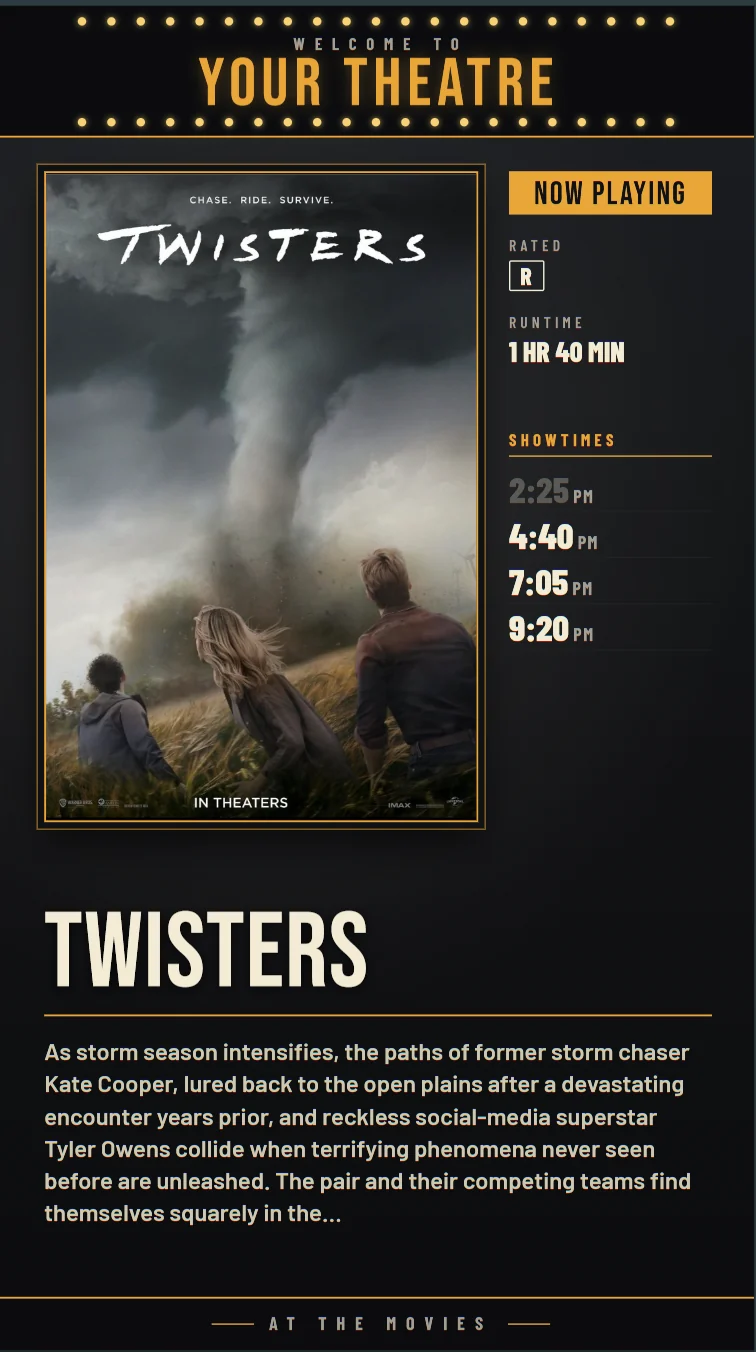 Poster screen with synopsis in the gold theme