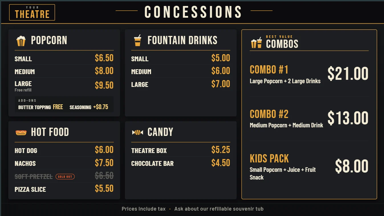 Concession menu board in landscape
