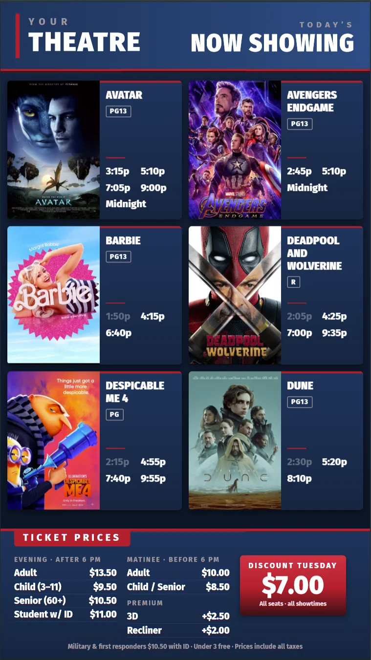 Now Showing board in portrait