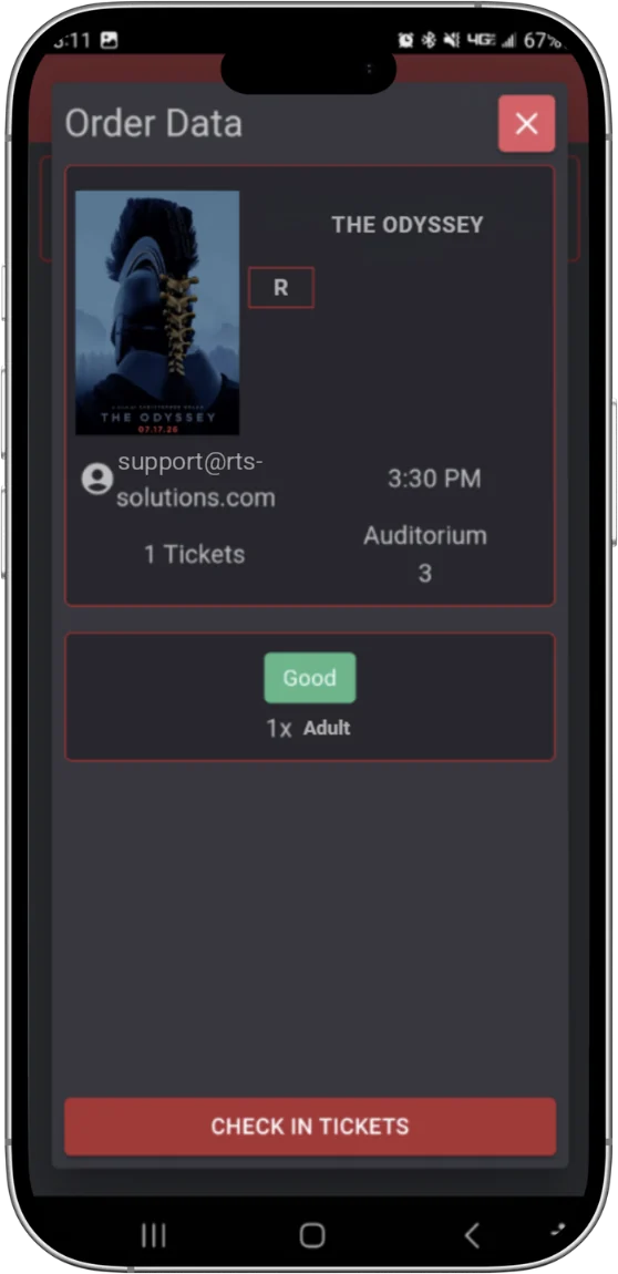 The RTS Usher App order screen on a phone